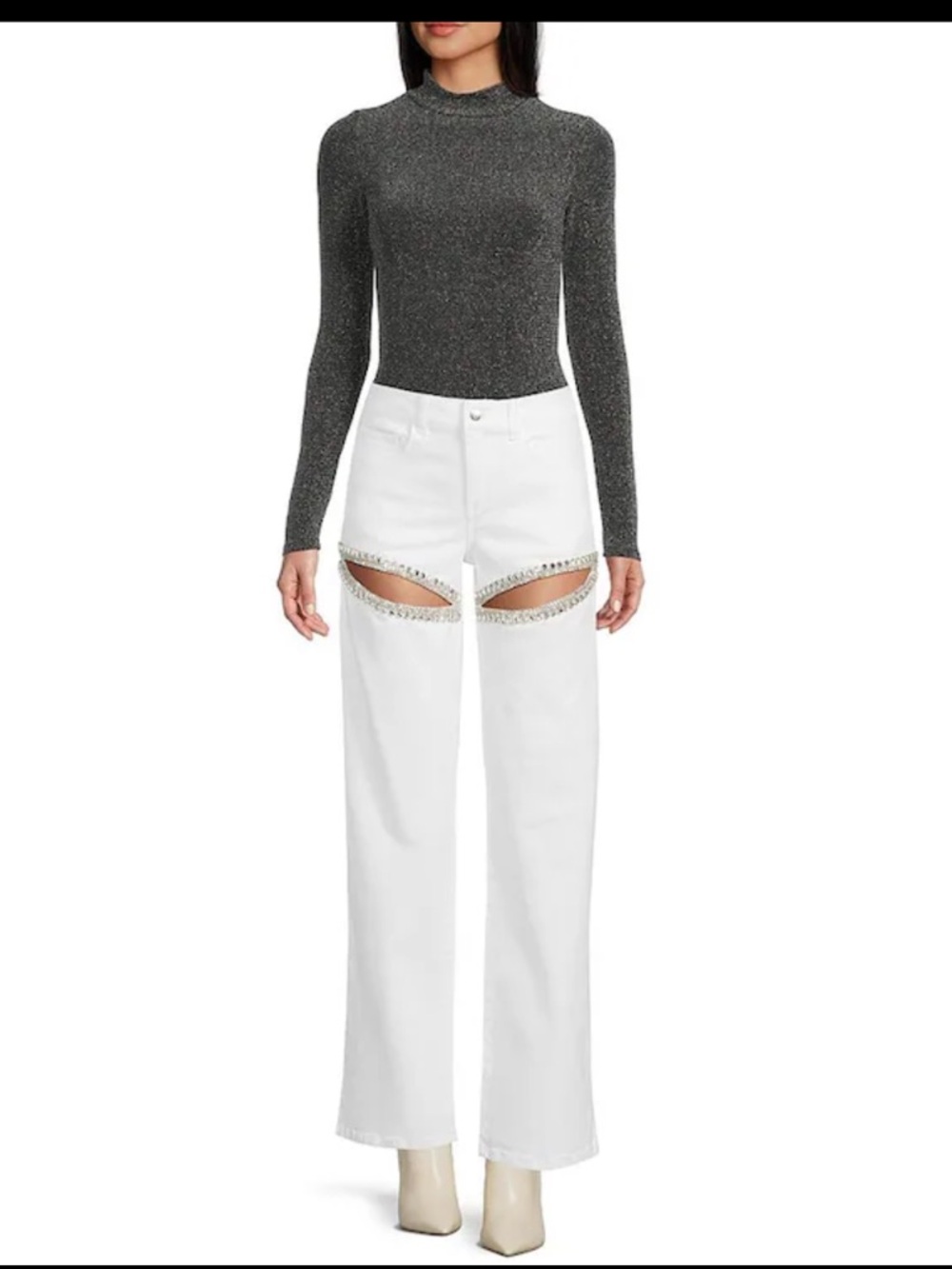 GB girls White Wide-Leg Jeans with Rhinestone Cutouts